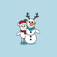 Happy winter holiday celebration with a smiling snowman, hat, and scarf standing by a snowy Christmas tree illustration