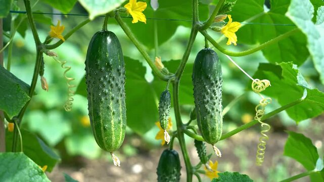 Cucumber plants with ripe cucumbers hanging from the vine, 4K video footage of garden vegetables and healthy produce