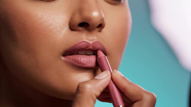 Woman applies nude matte lip crayon to her lips for beauty and makeup concepts