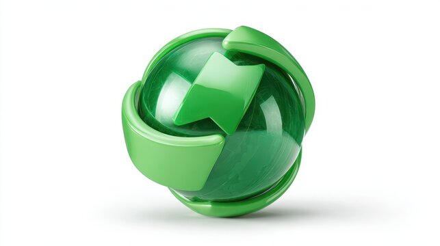 Minimalist composition: emerald arrows orbiting a smooth orb against a bright white backdrop