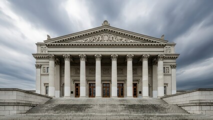 Neoclassical architecture majestic building exterior with dramatic sky
