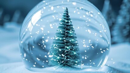 Closeup of a miniature christmas tree inside a snow globe with falling artificial snow, creating a magical and cold winter scene - Powered by Adobe