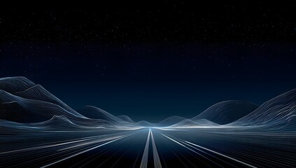 Futuristic digital landscape with glowing geometric lines reflecting on a dark water surface between abstract mountainous forms under a starry night sky