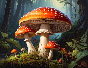 Whimsical red-capped, white-spotted mushrooms amidst lush green forest, bathed in ethereal, filtered sunlight