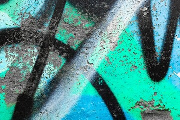 Grunge graffiti texture in teal, black with urban 90s, street art style. Distressed surface, bold brush strokes. Backgrounds, posters, digital art, modern 2000s, street visuals.