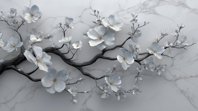 Minimalist grayscale botanical scene with a dark tree and delicate gray flowers on marble texture