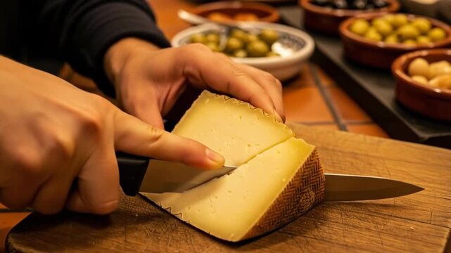 Woman slicing a piece of hard cheese on a wooden board at a table with various tapas for a appetizer snack.