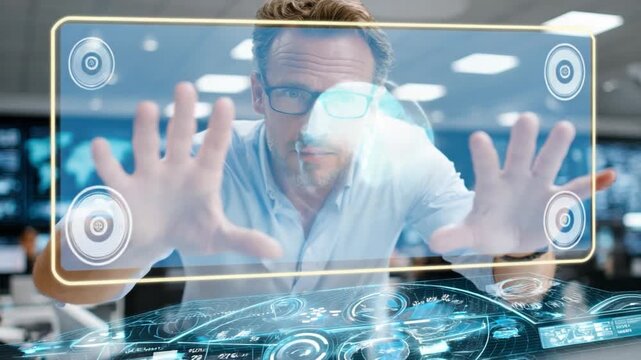Visionary Interface: A forward-thinking individual engages with an interactive holographic interface, pioneering the frontiers of technology