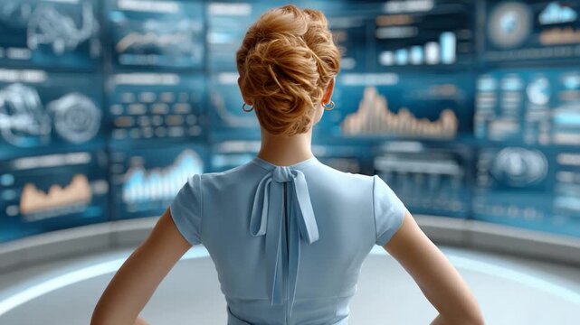 Data Analyst: A focused woman, backs turned, engages with a high-tech data interface, showcasing her analytical acumen and data-driven proficiency. 
