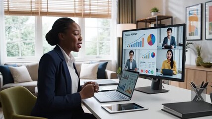 Diverse team collaborates remotely on business strategy using video conferencing. - Powered by Adobe