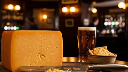 Block of cheese with beer and crackers on board at an old pub, a classic pairing for casual dining