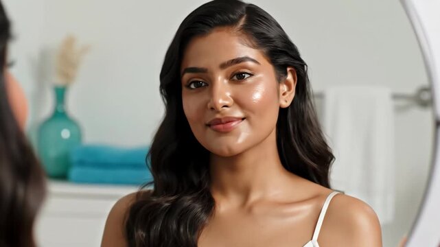 Young Indian woman reflecting in mirror with open and closed eyes. Beauty routine and self love. Skincare and self care concept.
