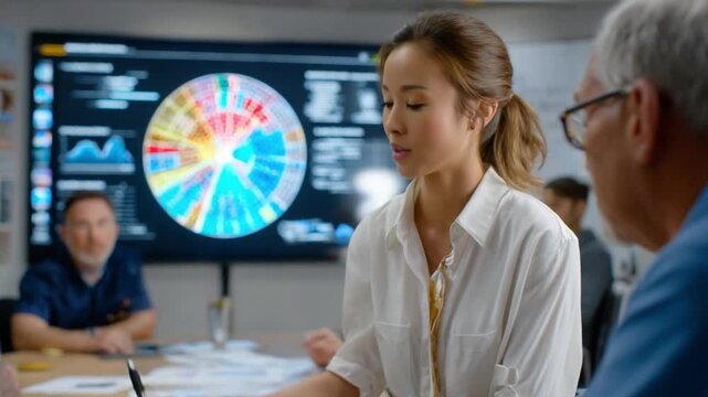 Strategic Discourse: A poised female executive presents complex data, engaging colleagues in a dynamic and focused discussion.