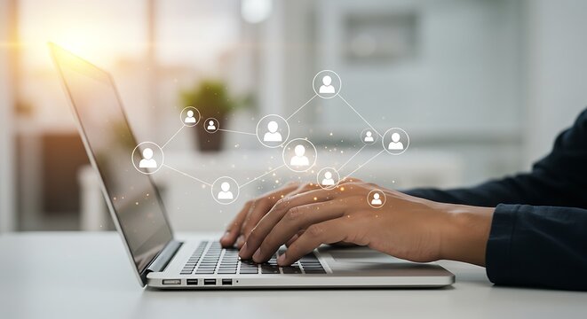 Connecting the World Close-up of hands typing on a laptop with a glowing, overlaid digital network of people icons, representing social and professional linkage - Powered by Adobe