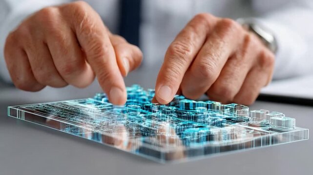 Strategic Blueprint: A pair of hands meticulously examines a three-dimensional model, highlighting the intricacies of urban planning and technological innovation.