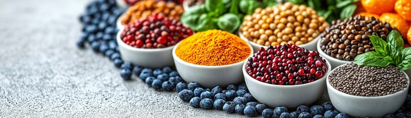 A colorful assortment of superfoods and ingredients for healthy eating and nutrition ideas diet food