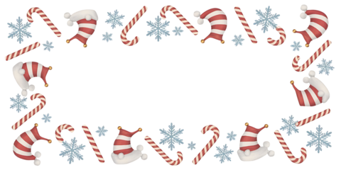 Christmas frame with candy cane, snowflake and santa hat isolated on transparent background