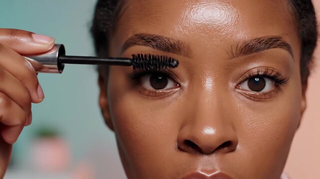 African american woman applying eyebrow mascara to frame her eyes. Beauty routine for cosmetic makeup process.