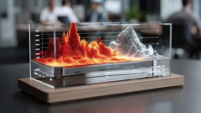 Data Visualization in a Modern Office:  A striking data visualization display, encased in clear acrylic, sits prominently on a sleek desk within a contemporary office environment.