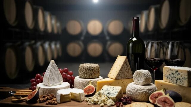 A changing assortment of delicious cheese and wine on a rustic board in a dim cellar setting for a gourmet tasting experience.