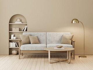 Modern living room with gray sofa, arched built-in niche with decorated shelves, coffee table and metal floor lamp. Cozy and comfortable home design. Beige interior wall background. 3D render.