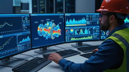 Engineer man in hard hat working with 3D model visualization and data dashboard displays for industrial analysis - Powered by Adobe