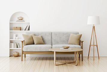 Modern living room with gray sofa, arched built-in niche with decorated shelves, coffee table and floor lamp. Cozy and comfortable home design. White interior wall background. 3D render. © marina_dikh
