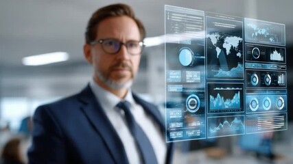 Data Analyst in the Digital Realm: A focused analyst, in a sharp suit, engages with an interactive digital interface brimming with data visualization and charts. - Powered by Adobe