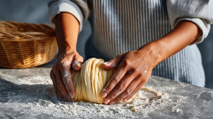 A woman is making pasta dough on a counter. She is wearing an apron and has her hands covered in flour