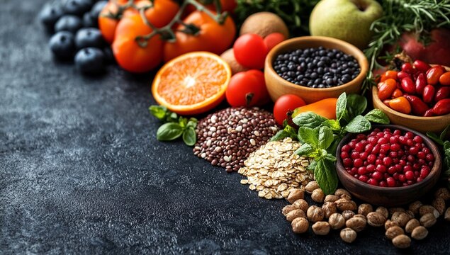 Healthy eating concept with fresh fruits vegetables and grains for wellbeing and balanced diet plan