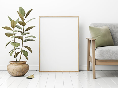 Artwork and poster mockup with lagre a1 vertical wooden frame standing on floor in white and green living room interior with house plant and seating. 3D render.