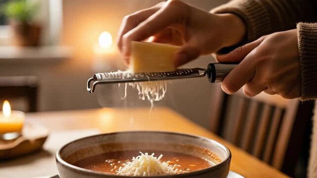 Woman grating cheese into steaming soup at a table with candlelight. Cooking and food preparation for a cozy meal.
