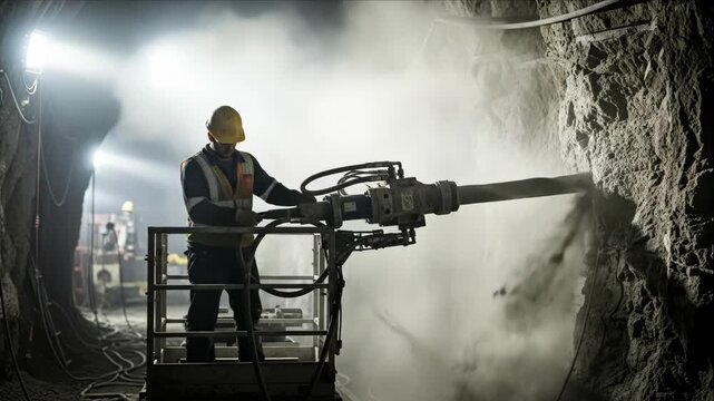 Miner drilling into rock face inside a tunnel with heavy equipment and dust for infrastructure development