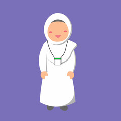 A cute Muslim girl vector wearing white clothes typically used for hajj, perfect for Islamic learning materials, kids books, posters, and educational content.