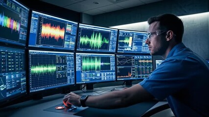 Man monitoring data on multiple screens in a control room for digital analysis and system operations - Powered by Adobe
