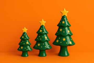 Cheerful Christmas tree decoration for holiday. Festive green trees on vibrant orange background for winter new year