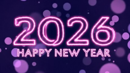 Neon glowing pink text 2026 happy new year with bokeh effect on dark blue background, perfect for holiday celebration announcement