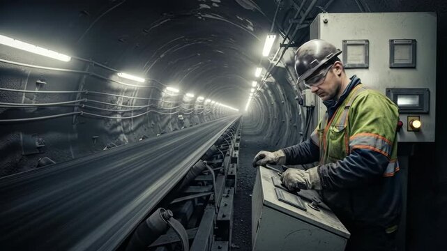 Man in hard hat operating control panel near long conveyor belt in a lit tunnel for industrial mining.