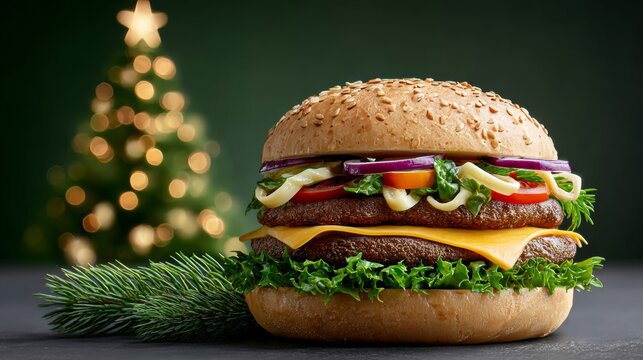 A large hamburger with a Christmas tree in the background. The burger is topped with lettuce, onions, and cheese - Powered by Adobe