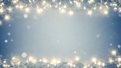 Elegant silver and blue Christmas background with sparkling string lights forming a decorative border, generous holiday copy space in the center for festive messages.