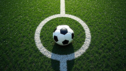 Soccer ball marks the center—crisp white circle and vibrant turf evoke anticipation, symmetry, and the poised start of play.
