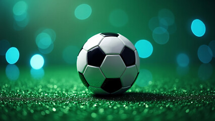 Obraz premium Soccer ball rests on vibrant turf—bokeh lights shimmer behind, evoking energy, clarity, and the calm before play. 