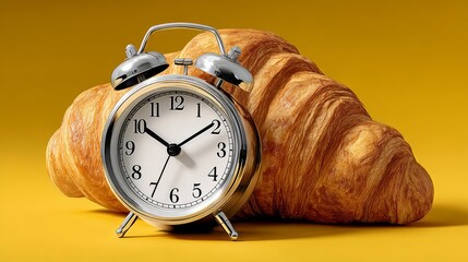 A silver alarm clock with the hands on the numbers 3 and 9 is placed on top of a croissant. The clock is set to the time of 3:00, and the croissant is positioned next to it on a yellow surface