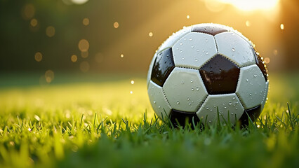 Wet grass and warm light cradle a soccer ball—morning dew and soft blur evoke freshness, focus, and calm anticipation.
