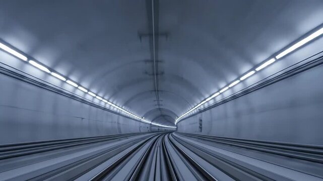Subway tunnel with bright lights and curving track. Modern metro system for urban transportation concept.