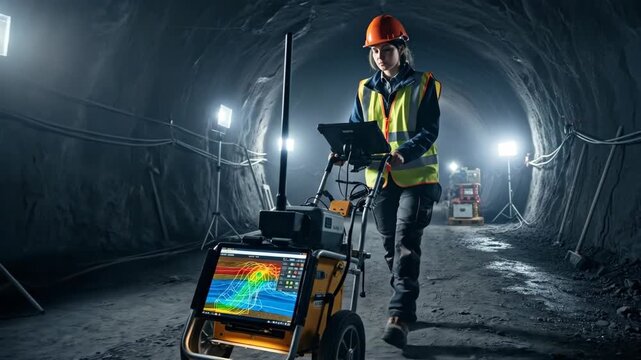 Woman operating ground penetrating radar for geological survey in a tunnel. Infrastructure construction safety inspection.