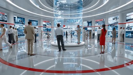 Futuristic Tech Hub: A dynamic hub showcasing technology and innovation, with a diverse group of professionals observing interactive displays in a sleek, modern architectural space.