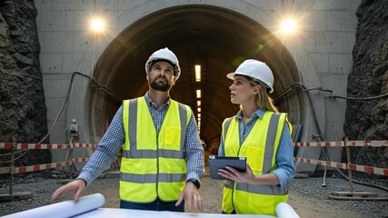 Man and woman engineers reviewing blueprint at construction site, collaborating on tunnel project development and planning. - Powered by Adobe