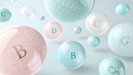 Assortment of translucent spheres with letters and textured patterns floating against a light blue full hd 4k stock image download background