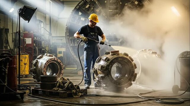 Male worker cleaning machinery part with high pressure washer at industrial factory, generating steam and water spray